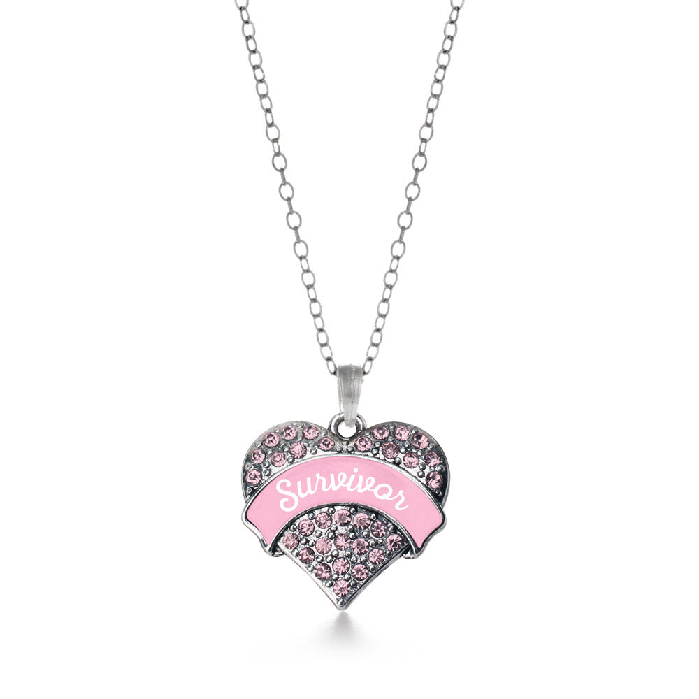 Silver Pink Script Survivor Pink Pave Heart Charm Classic Necklace