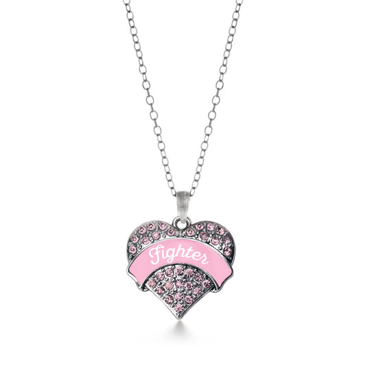 Silver Pink Script Fighter Pink Pave Heart Charm Classic Necklace