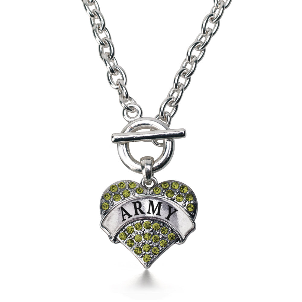 Silver Army Green Pave Heart Charm Toggle Necklace