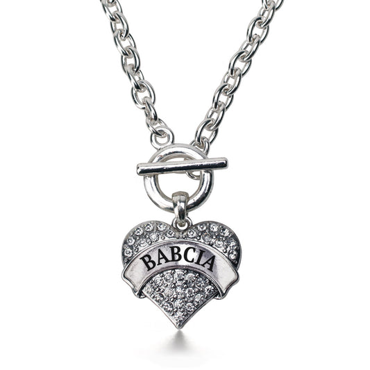 Silver Babcia Pave Heart Charm Toggle Necklace