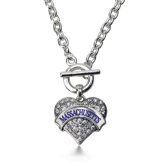 Silver Massachusetts Pave Heart Charm Toggle Necklace