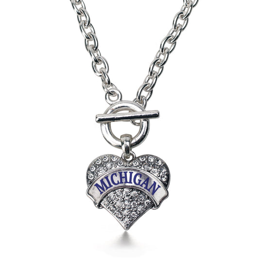 Silver Michigan Pave Heart Charm Toggle Necklace