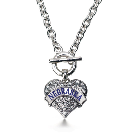 Silver Nebraska Pave Heart Charm Toggle Necklace