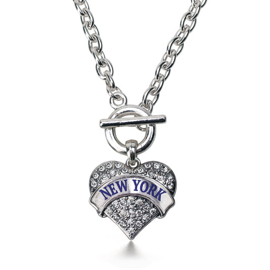Silver New York Pave Heart Charm Toggle Necklace