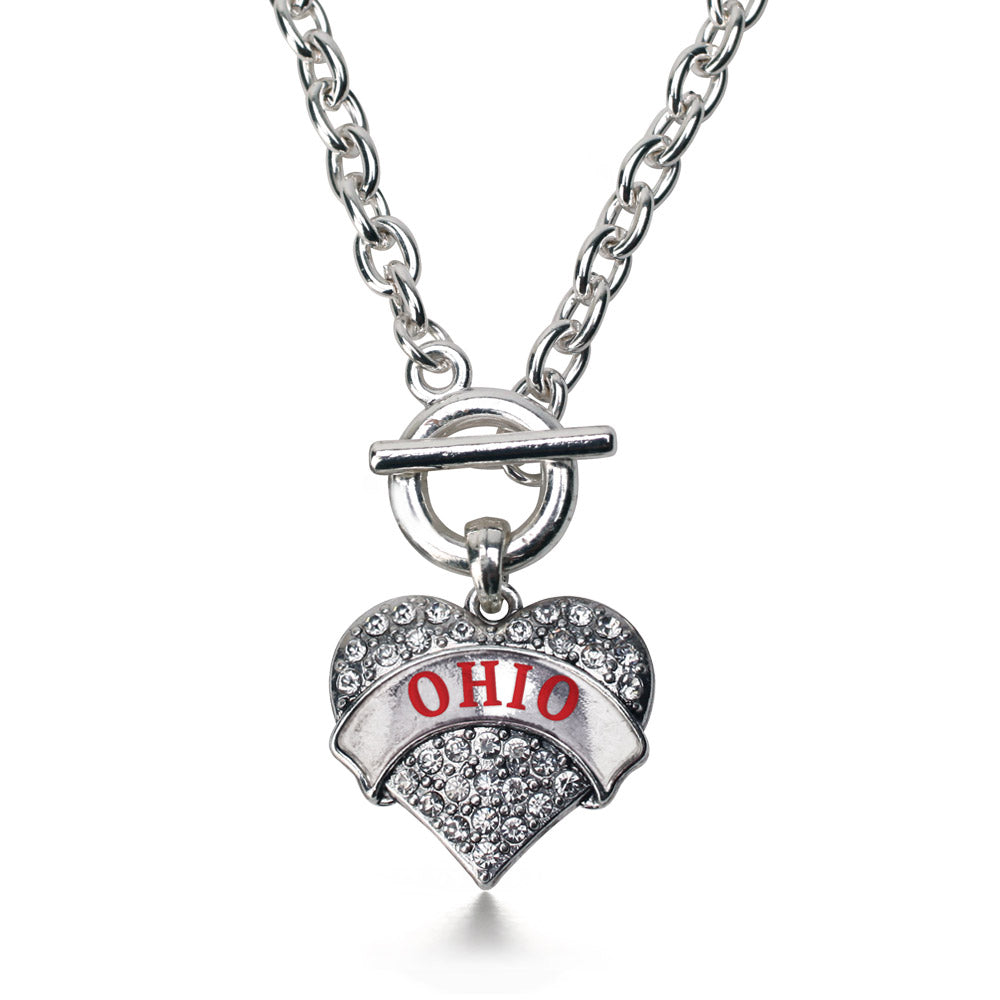 Silver Ohio Pave Heart Charm Toggle Necklace