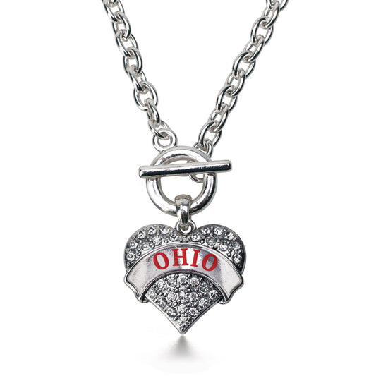Silver Ohio Pave Heart Charm Toggle Necklace