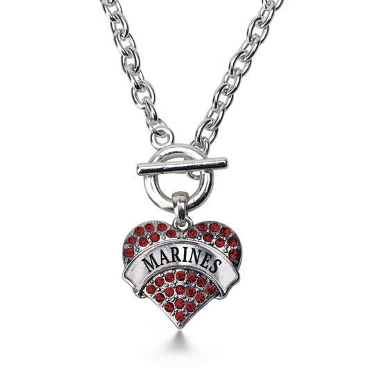 Silver Marines Red Pave Heart Charm Toggle Necklace