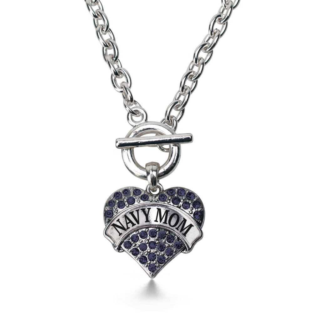 Silver Navy Mom Blue Pave Heart Charm Toggle Necklace