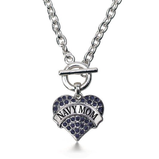 Silver Navy Mom Blue Pave Heart Charm Toggle Necklace