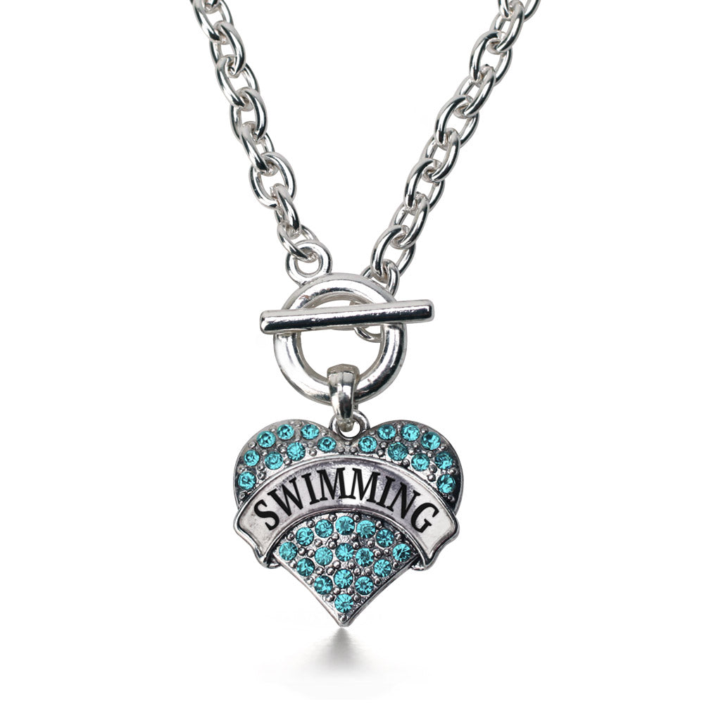 Silver Swimming Aqua Pave Heart Charm Toggle Necklace