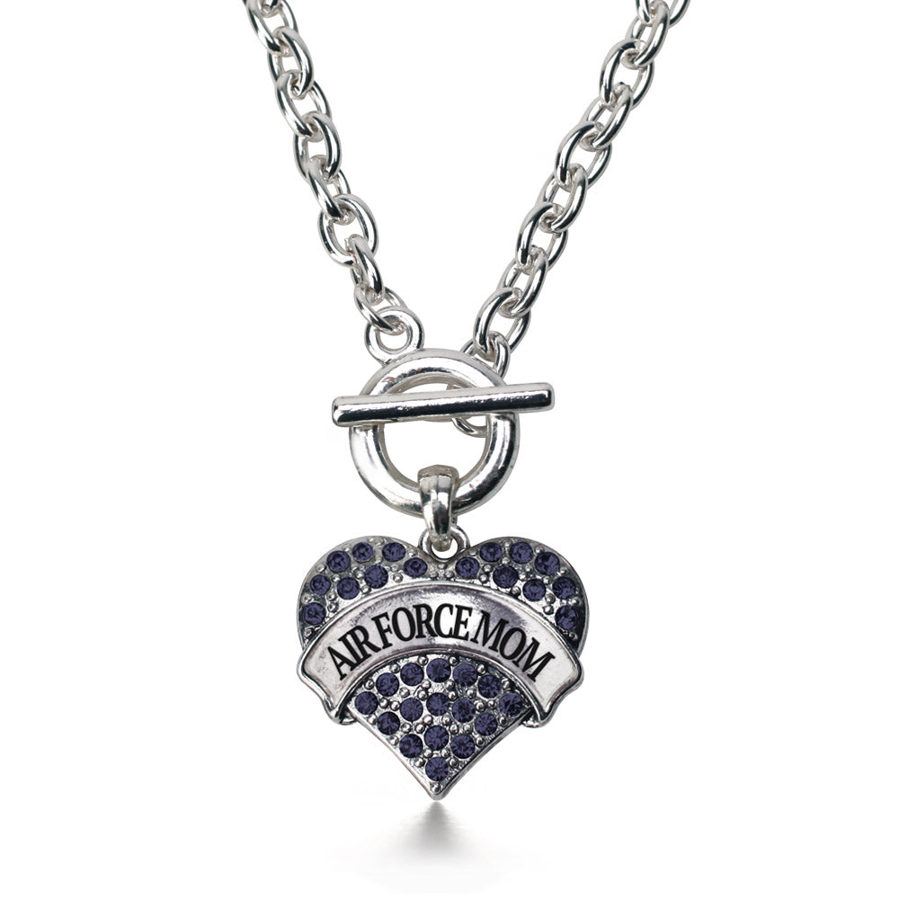 Silver Air Force Mom Blue Pave Heart Charm Toggle Necklace