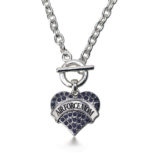 Silver Air Force Mom Blue Pave Heart Charm Toggle Necklace