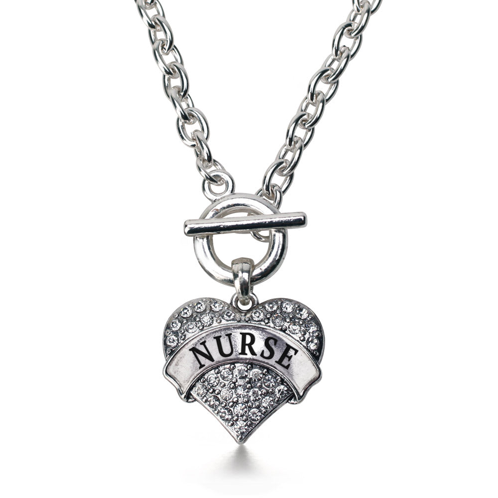 Silver Nurse Pave Heart Charm Toggle Necklace