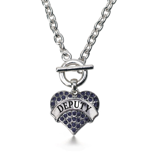 Silver Deputy Blue Pave Heart Charm Toggle Necklace