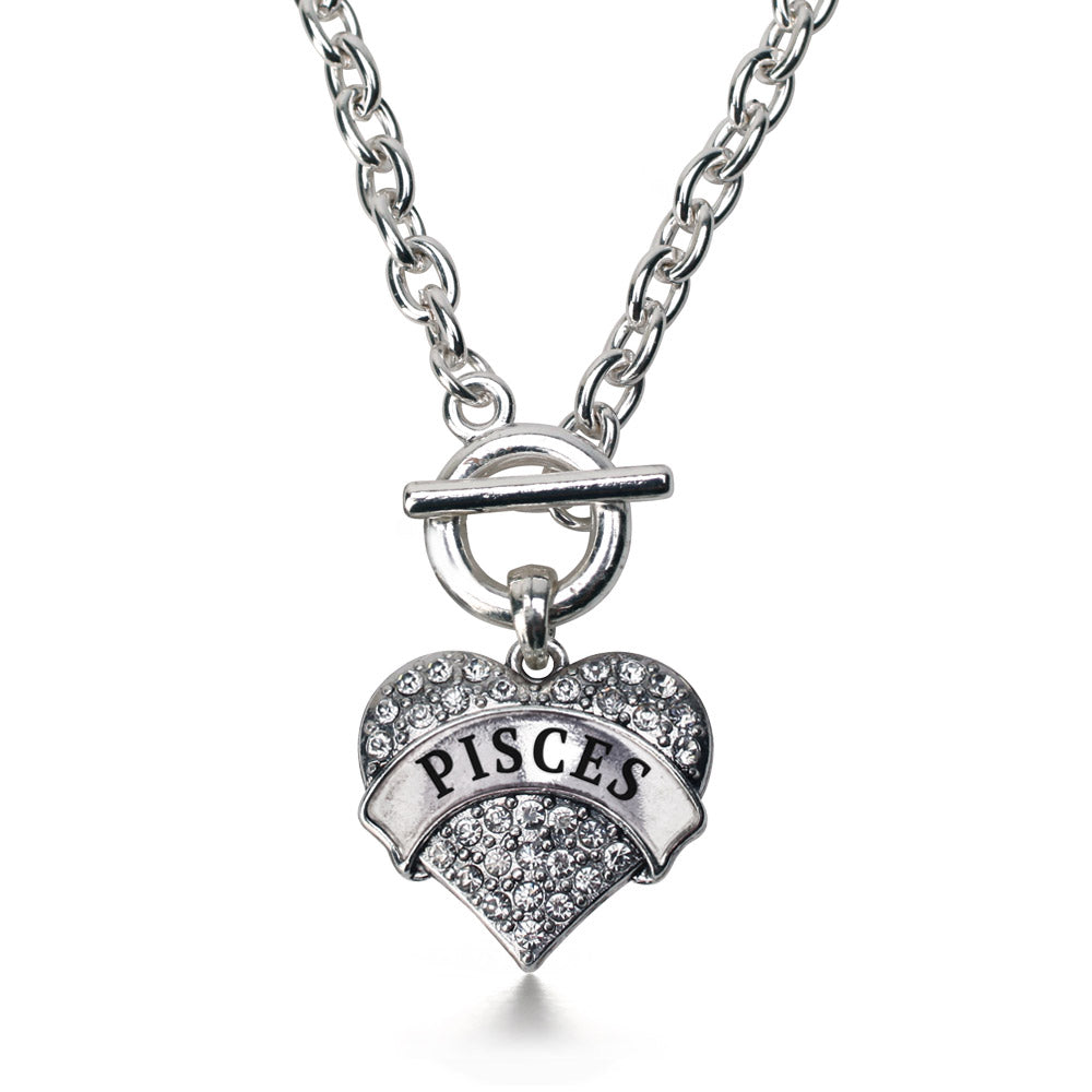 Silver Pisces Zodiac Pave Heart Charm Toggle Necklace