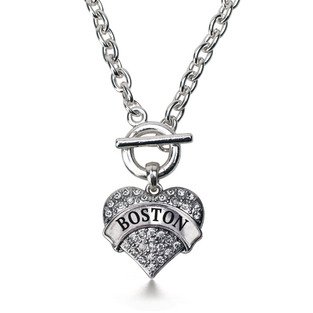 Silver Boston Pave Heart Charm Toggle Necklace