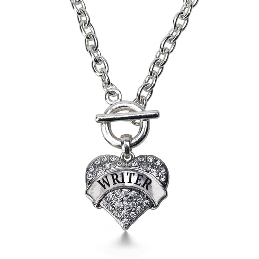 Silver Writer Pave Heart Charm Toggle Necklace