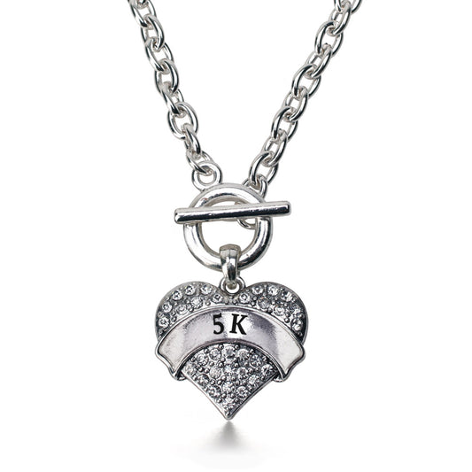 Silver 5k Runner Pave Heart Charm Toggle Necklace