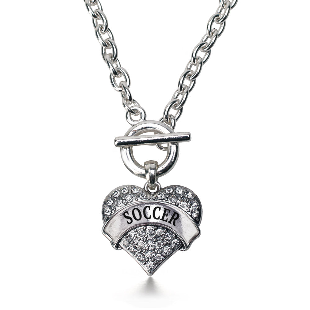 Silver Soccer Pave Heart Charm Toggle Necklace