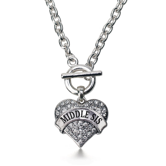 Silver Middle Sis Pave Heart Charm Toggle Necklace