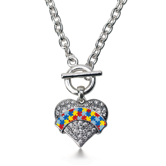 Silver Autism Awareness Pave Heart Charm Toggle Necklace