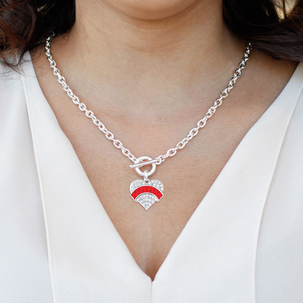 Silver Red Ribbon Support Pave Heart Charm Toggle Necklace