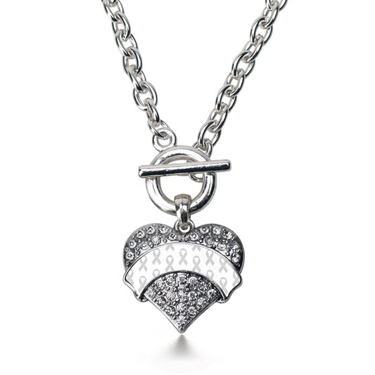 Silver White Ribbon Support Pave Heart Charm Toggle Necklace