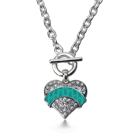 Silver Teal Ribbon Support Pave Heart Charm Toggle Necklace