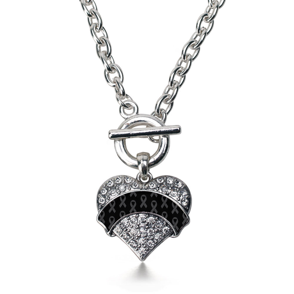 Silver Black Ribbon Support Pave Heart Charm Toggle Necklace
