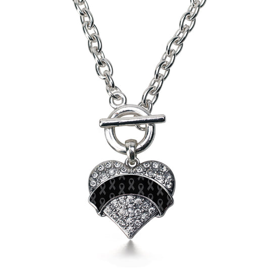 Silver Black Ribbon Support Pave Heart Charm Toggle Necklace