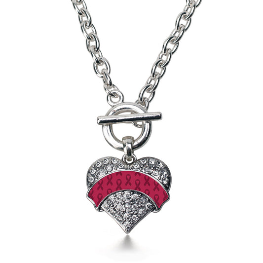 Silver Burgundy Ribbon Support Pave Heart Charm Toggle Necklace