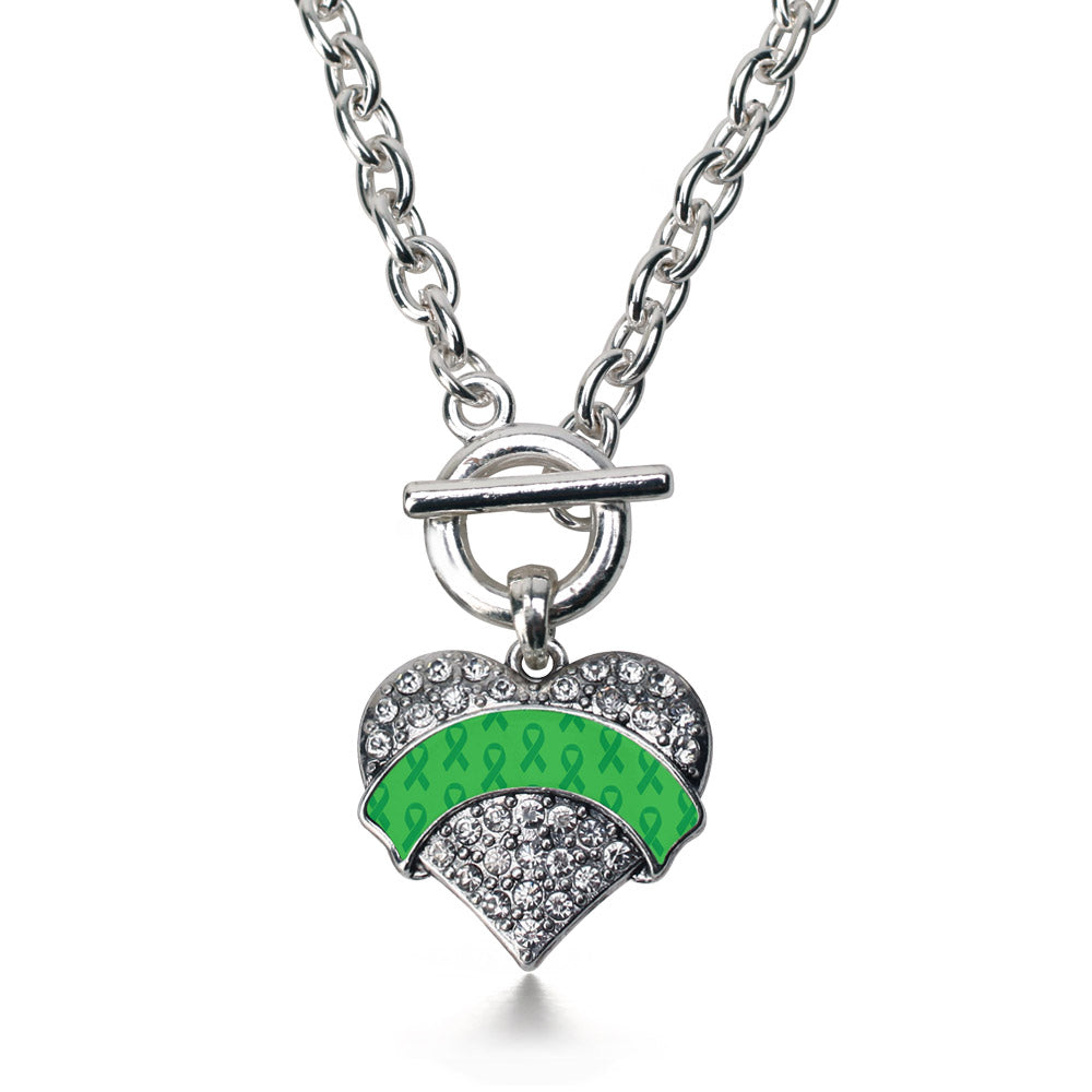 Silver Green Ribbon Support Pave Heart Charm Toggle Necklace