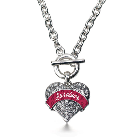Silver Burgundy Survivor Pave Heart Charm Toggle Necklace