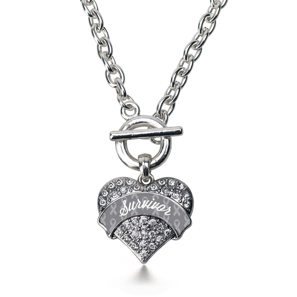 Silver Gray Survivor Pave Heart Charm Toggle Necklace