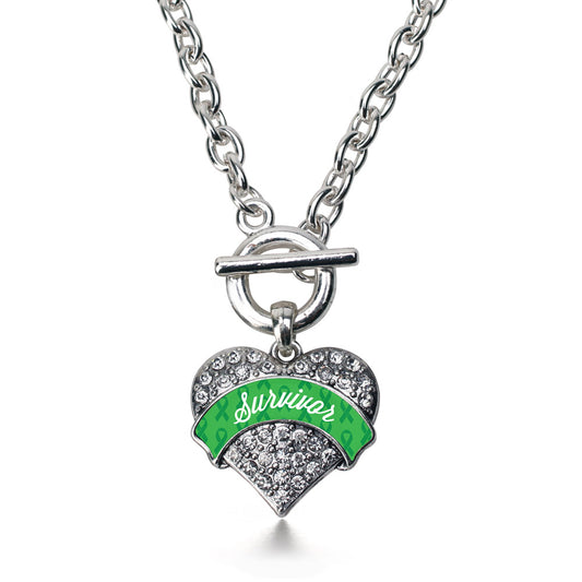 Silver Green Survivor Pave Heart Charm Toggle Necklace
