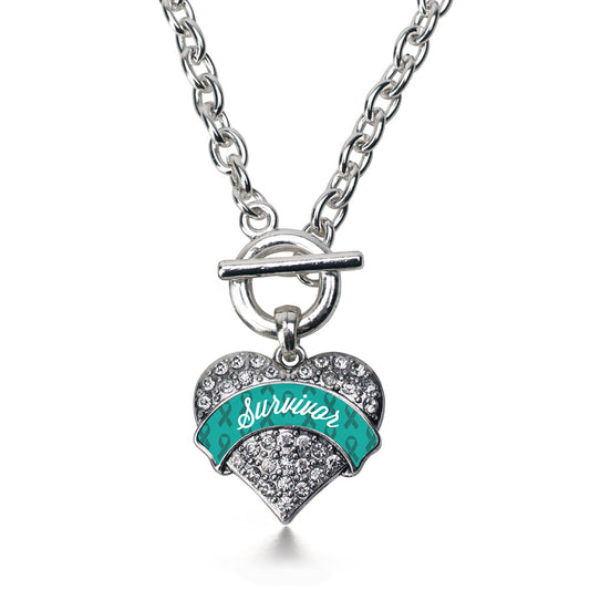 Silver Teal Survivor Pave Heart Charm Toggle Necklace