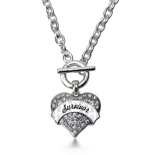 Silver White Survivor Pave Heart Charm Toggle Necklace