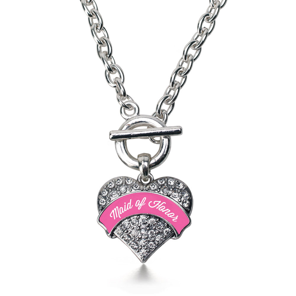 Silver Pink Maid of Honor Pave Heart Charm Toggle Necklace