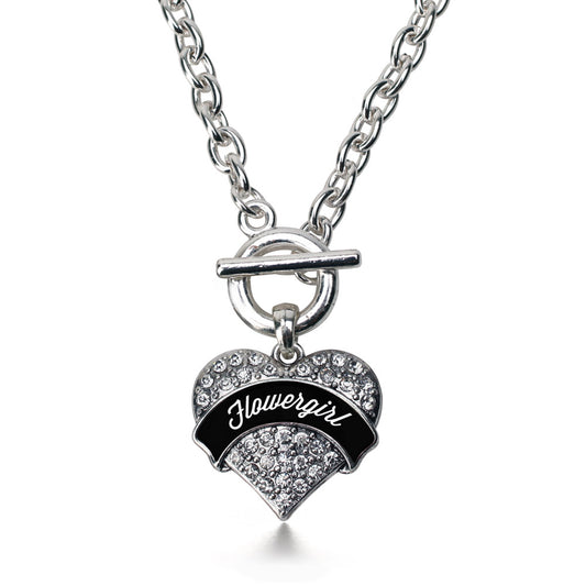 Silver Black and White Flower Girl Pave Heart Charm Toggle Necklace