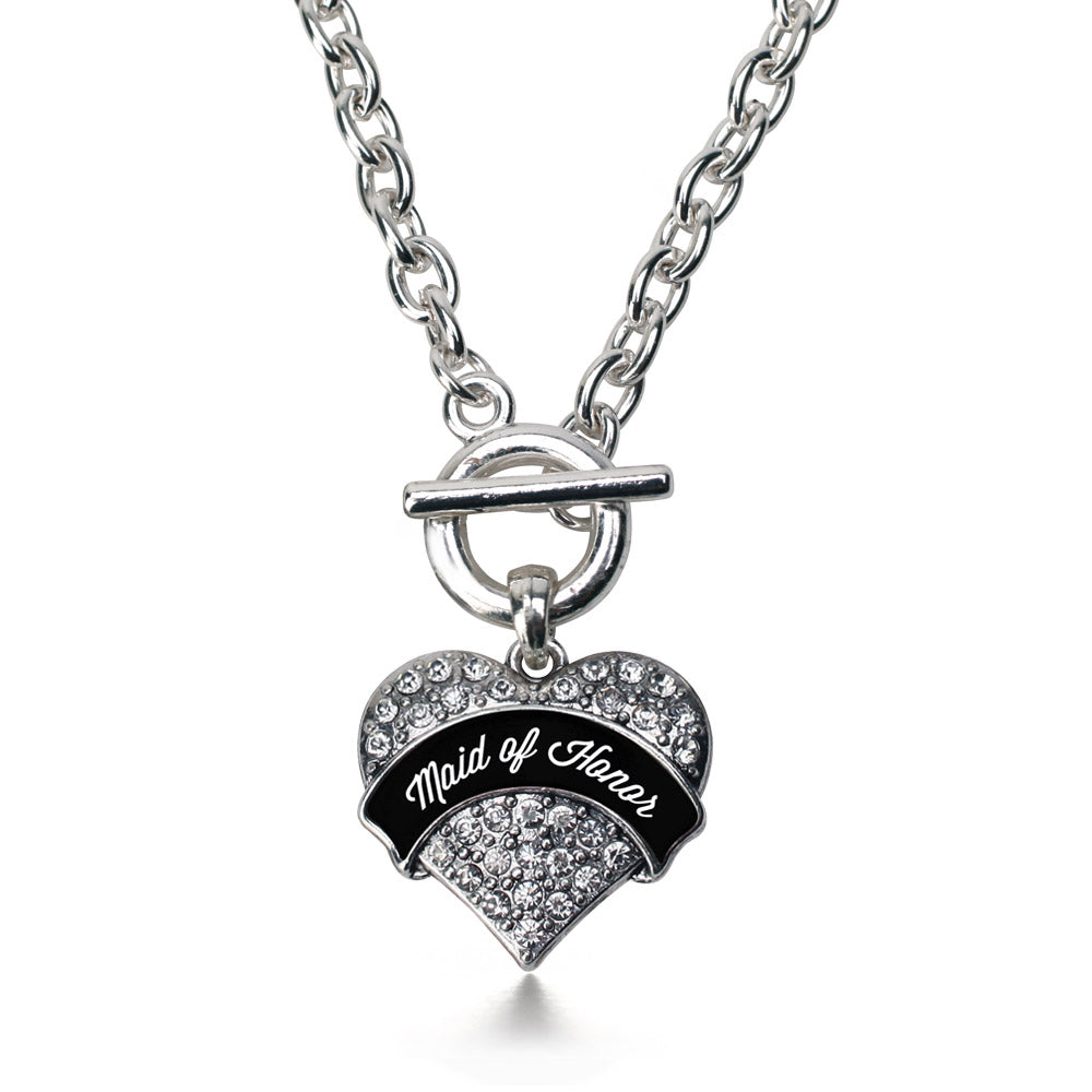 Silver Black and White Maid of Honor Pave Heart Charm Toggle Necklace