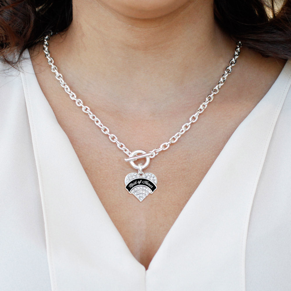 Silver Black and White Maid of Honor Pave Heart Charm Toggle Necklace