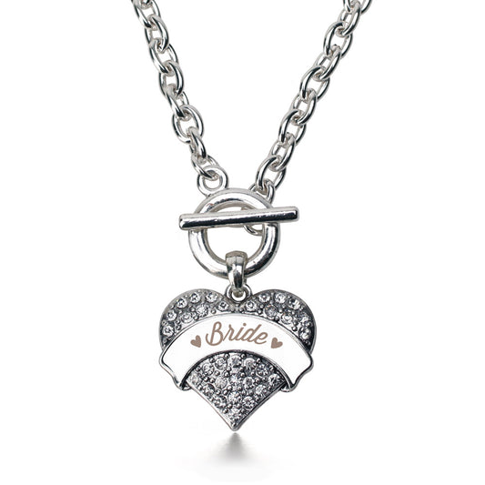 Silver Brown and White Bride Pave Heart Charm Toggle Necklace