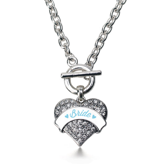 Silver Light Blue Bride Pave Heart Charm Toggle Necklace