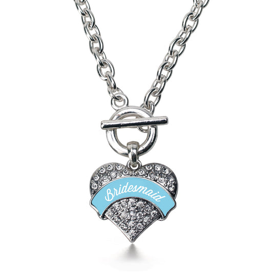 Silver Light Blue Bridesmaid Pave Heart Charm Toggle Necklace