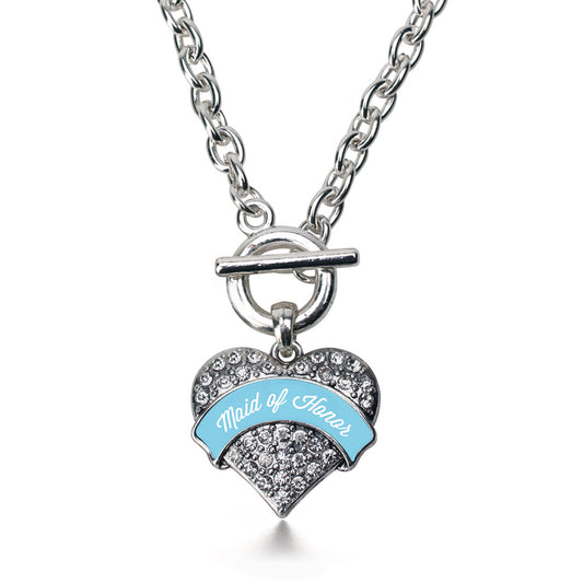 Silver Light Blue Maid of Honor Pave Heart Charm Toggle Necklace