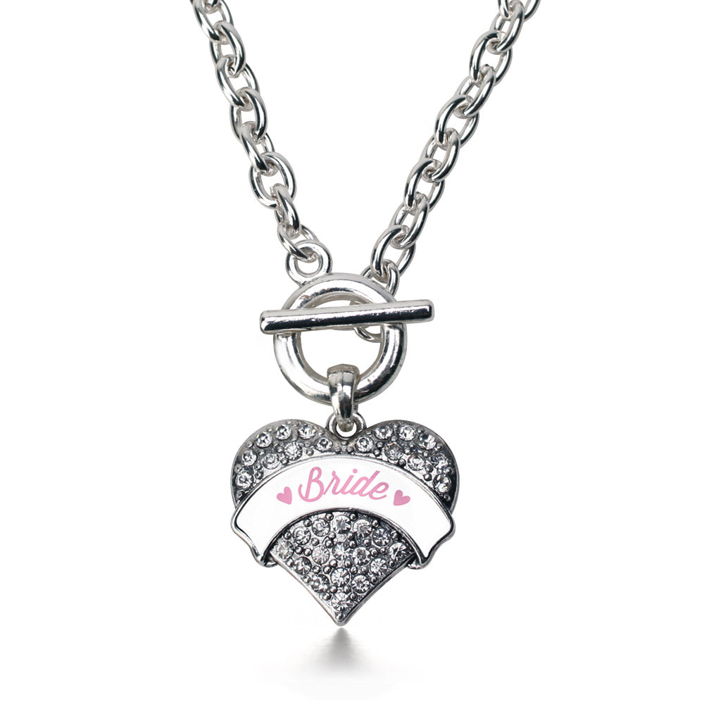 Silver Light Pink Bride Pave Heart Charm Toggle Necklace