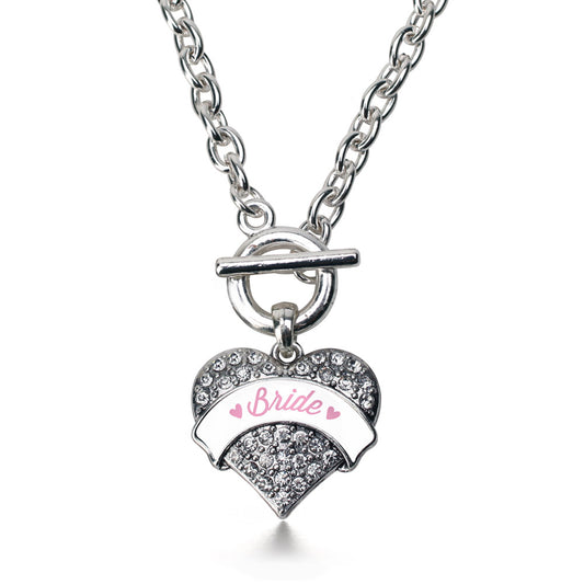 Silver Light Pink Bride Pave Heart Charm Toggle Necklace