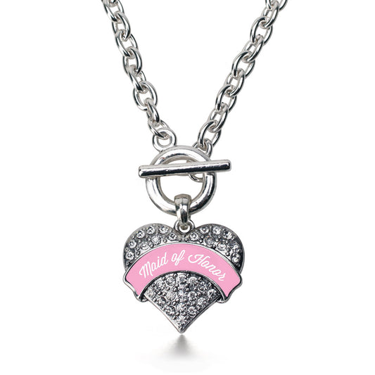 Silver Light Pink Maid of Honor Pave Heart Charm Toggle Necklace