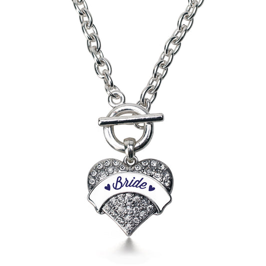 Silver Navy Blue Bride Pave Heart Charm Toggle Necklace