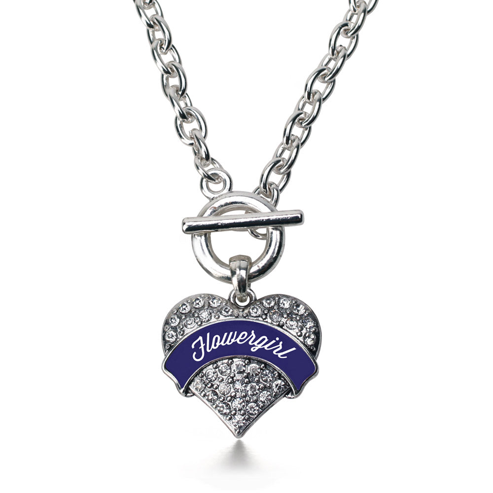 Silver Navy Blue Flower Girl Pave Heart Charm Toggle Necklace